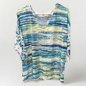 Women’s Reba Blouse  XL V Neck Striped Embellished 3/4 Coastal Multicolor Top